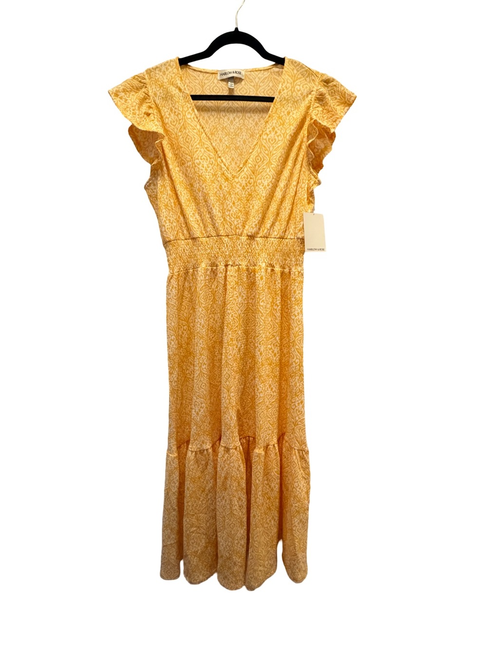 NWT Yellow White Printed Flutter Sleeve Tiered Maxi Dress Size L Harlow & Rose